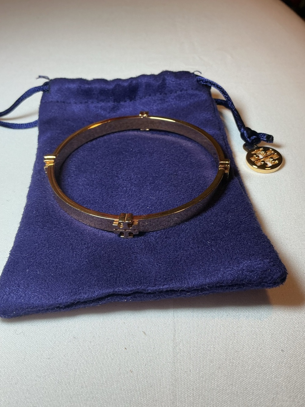 Tory Burch Gold Tone Logo Accent Bangle Bracelet - Gold - Picture 4 of 5